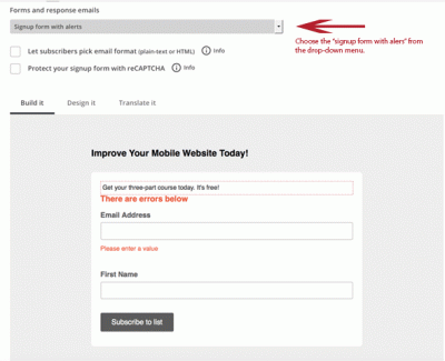 MailChimp signup form with alerts