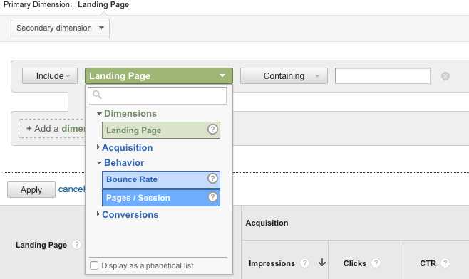 google analytics filter by pages / session