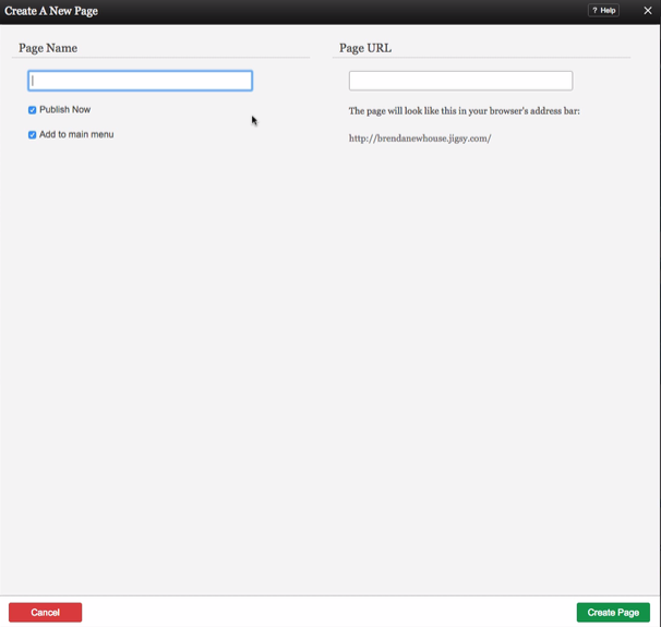 Create new page dialog box in Jigsy